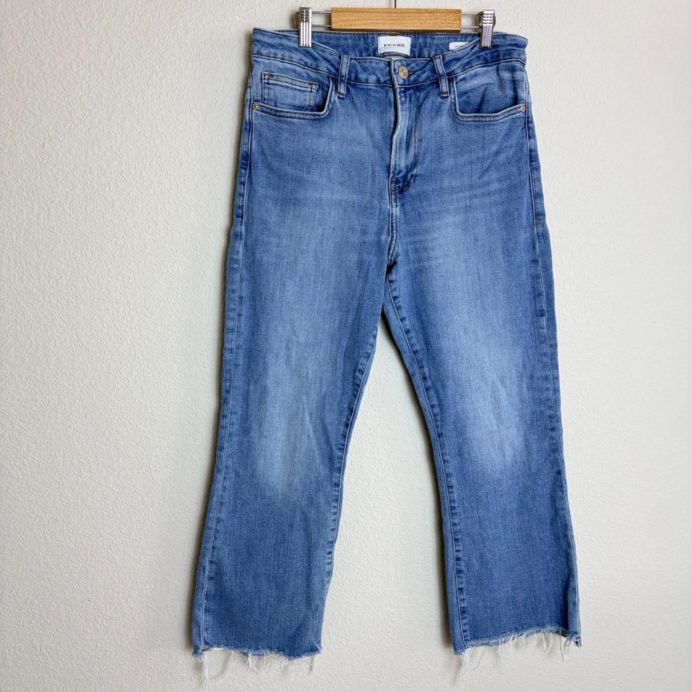 Frame Le Crop Mini Boot Jeans Wavey Blue High Rise Raw Hem Size 30 LCMBCH793